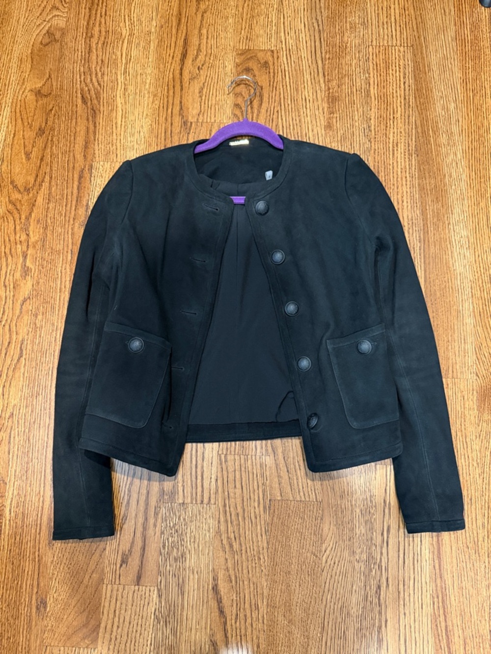Elie Tahari Black Collarless Suede Button Jacket